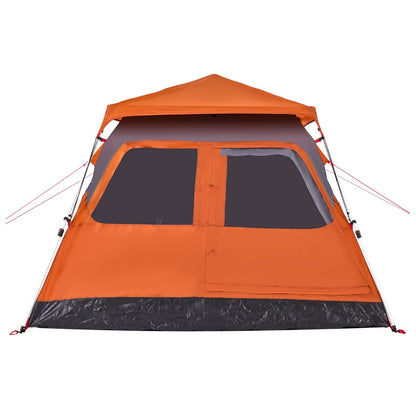 Detail van de grijs-oranje vidaXL koepeltent met grote ramen en waterdichte voorkant.