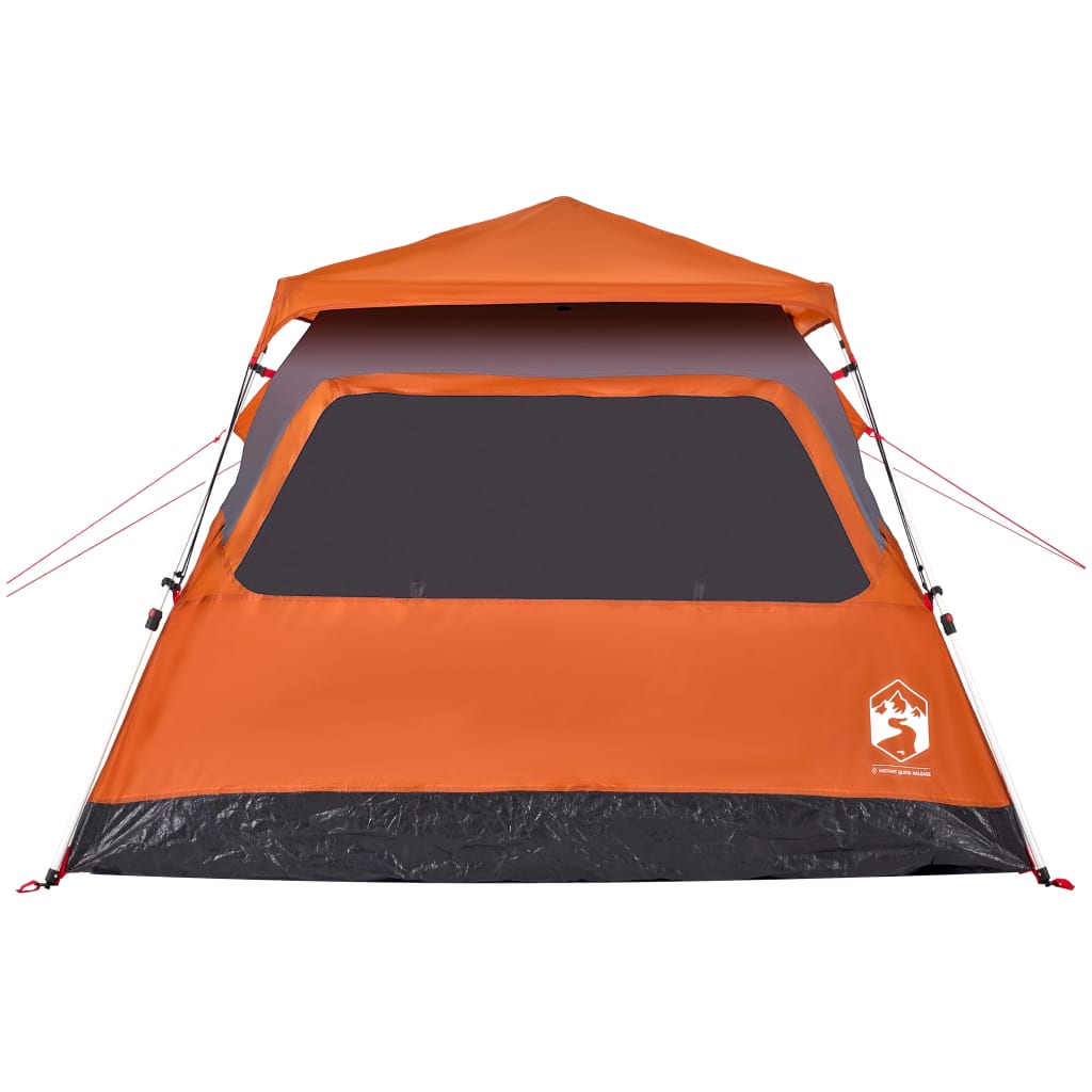 Detail van de grijze en oranje vidaXL koepeltent met grote voorruit en ventilatie.