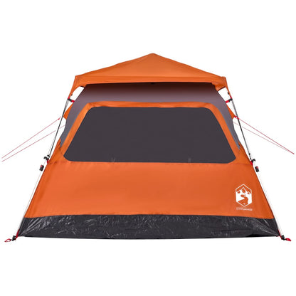 Detail van de grijze en oranje vidaXL koepeltent met grote voorruit en ventilatie.