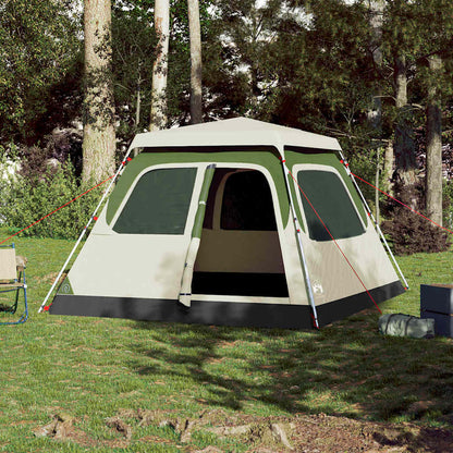 Detail van de vidaXL koepeltent met groen en beige kleuren, zijaanzicht in een bosrijke omgeving.