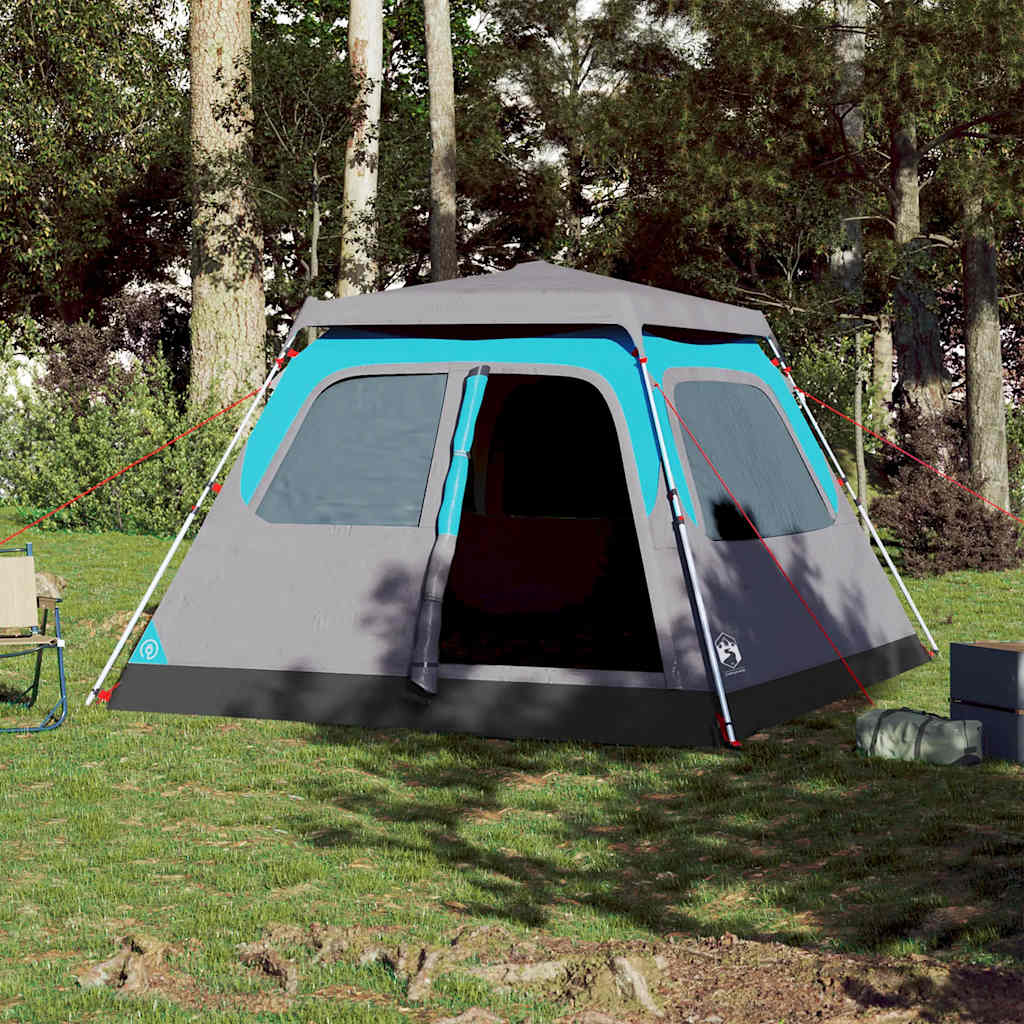 Zijaanzicht van de vidaXL koepeltent in blauw met open ingang en tentstokken.