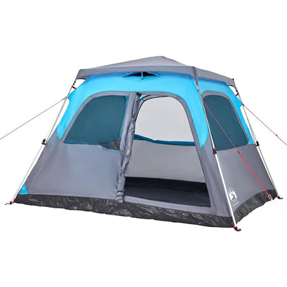 Zijaanzicht van de vidaXL koepeltent in blauw met snelontgrendeling en ventilatieramen.