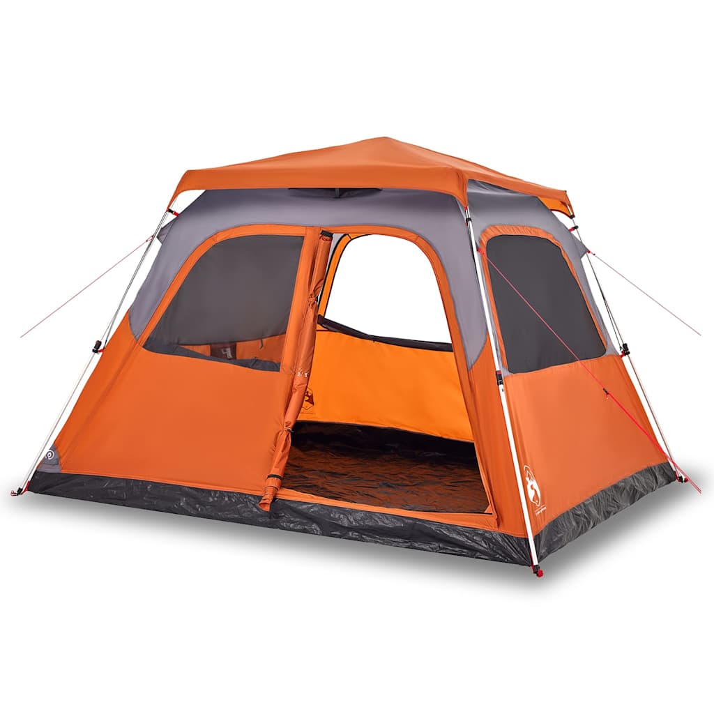 Detail van de vidaXL koepeltent in grijs en oranje, met open ingangen en ventilatie.