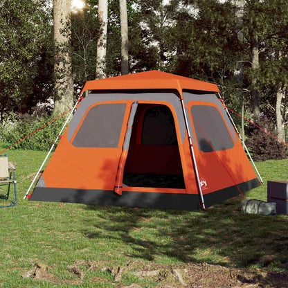 Detail van de vidaXL koepeltent in grijs en oranje, zijaanzicht met open ingang.
