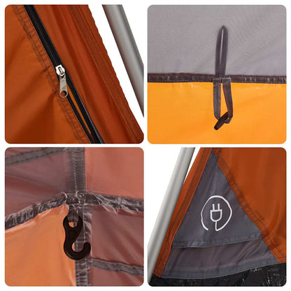 Detail van de rits en bevestigingshaak van de vidaXL Koepeltent in grijs en oranje.