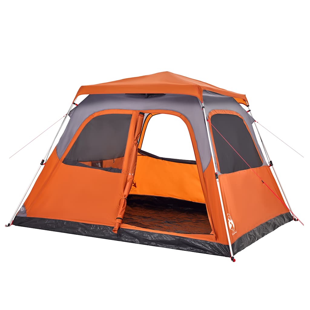 Detail van de vidaXL koepeltent in grijs en oranje, met open ingang en ventilatieroosters.