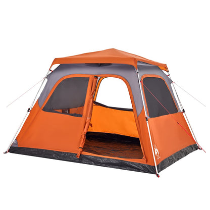 Detail van de vidaXL koepeltent in grijs en oranje, met open ingang en ventilatieroosters.