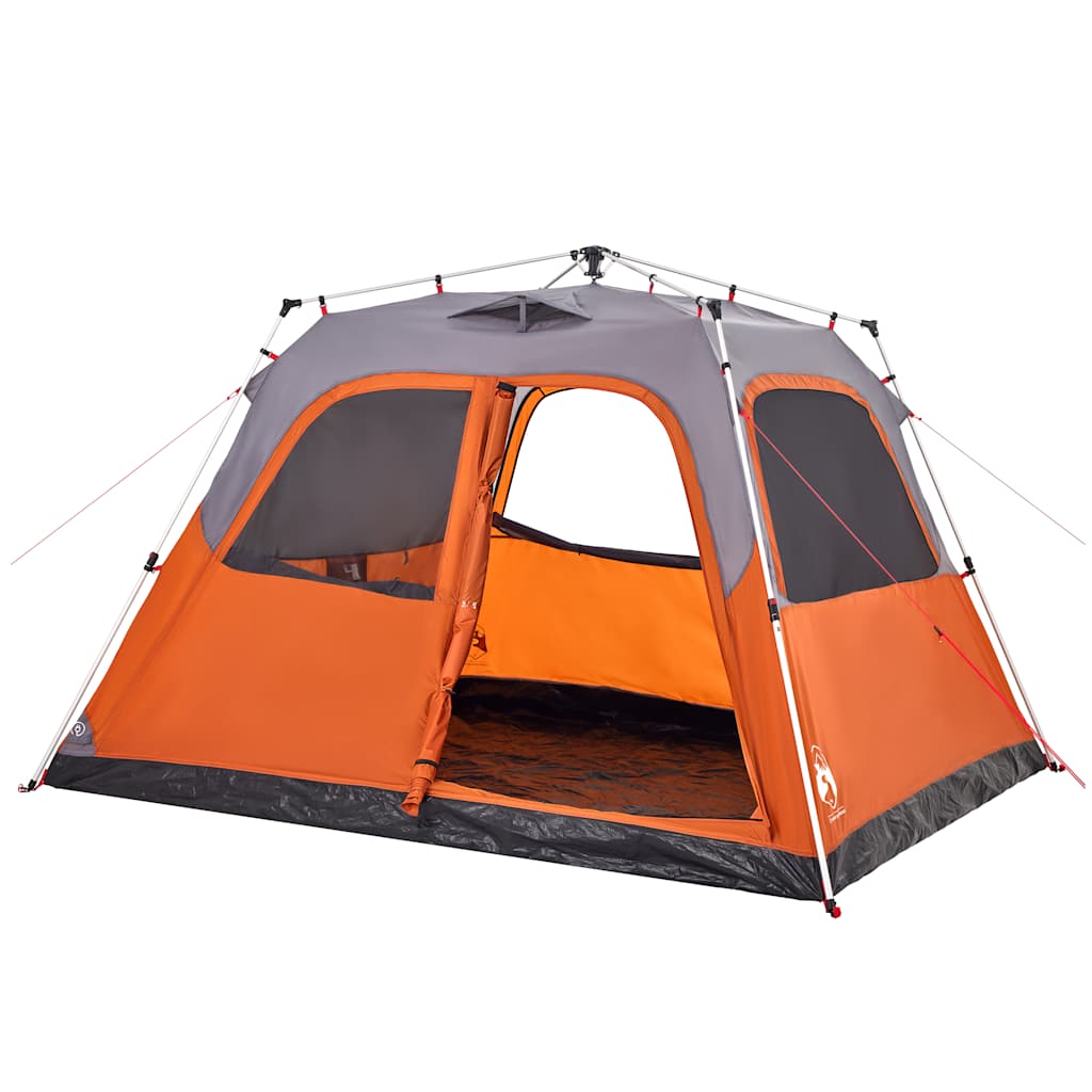 Detail van de vidaXL koepeltent in grijs en oranje, met open ingang en ventilatieroosters.