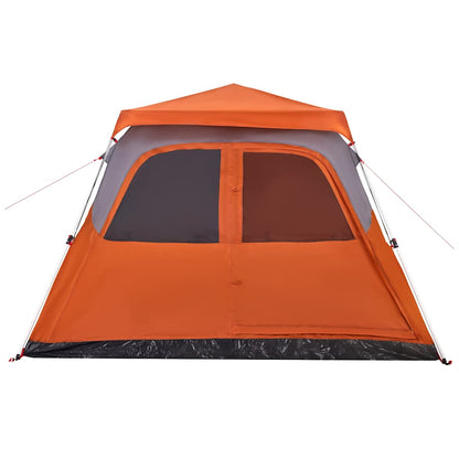 Detail van de vidaXL koepeltent met grijs en oranje kleurenschema, vooraanzicht met grote ramen.