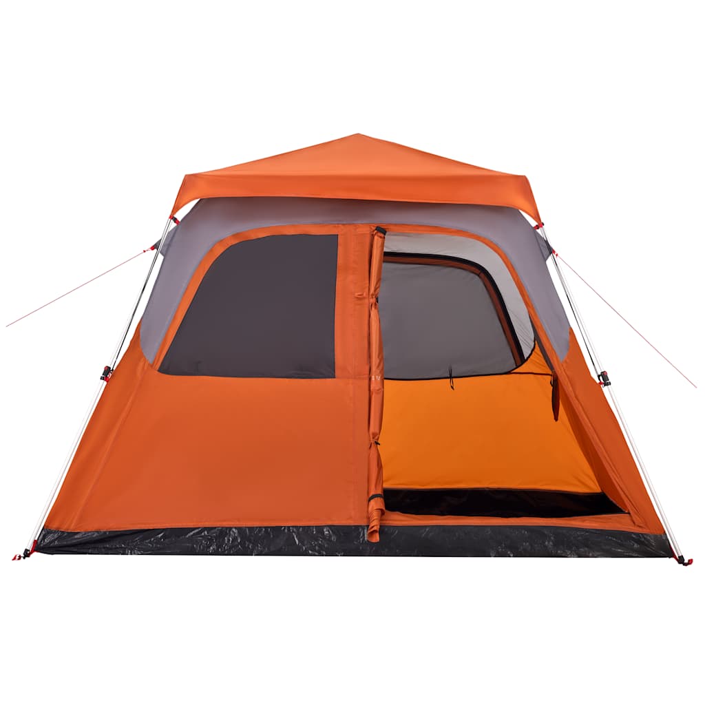 Detail van de vidaXL koepeltent met grijze en oranje kleur, zijaanzicht van de ingang.