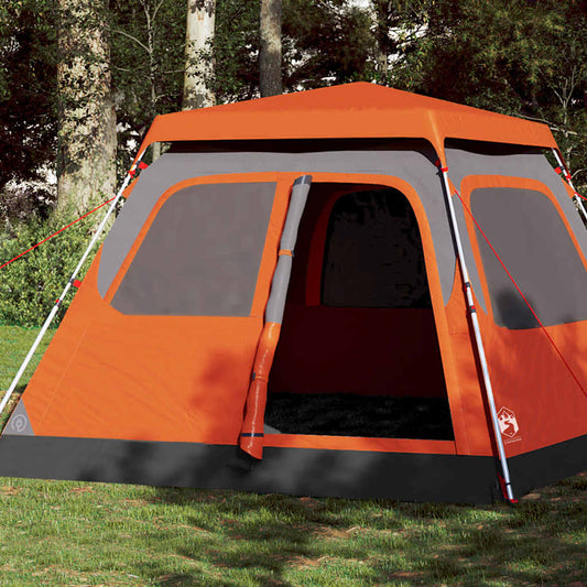 vidaXL koepeltent voor zes personen in grijs en oranje, met een ruime ingang en ventilatieroosters.