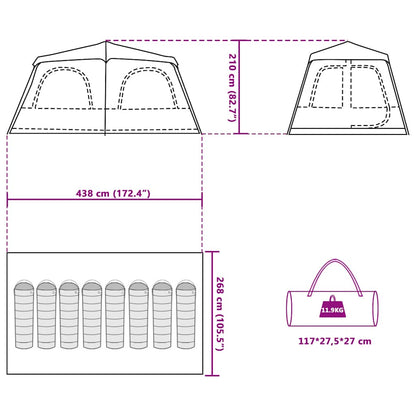 Detail van de afmetingen en specificaties van de vidaXL koepeltent voor 8 personen.