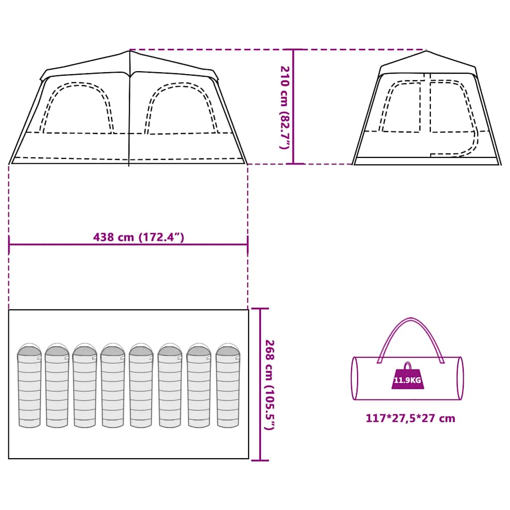 Technische tekening van de vidaXL koepeltent met afmetingen en details van het ontwerp.