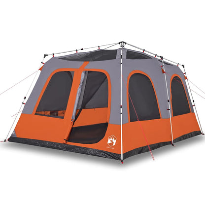 Zijaanzicht van de vidaXL koepeltent met grijze en oranje kleuren, met open ingang.