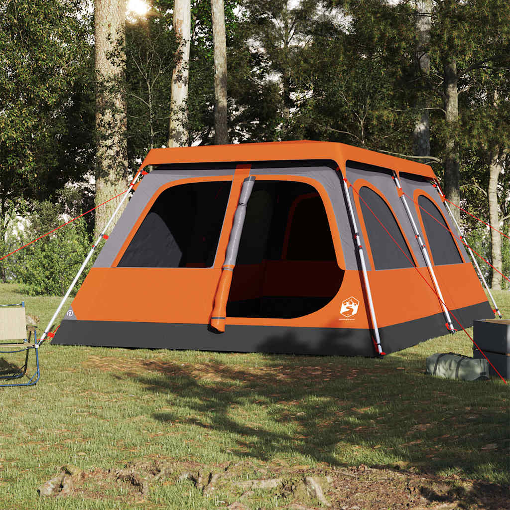 Detail van de vidaXL koepeltent met grijze en oranje kleuren, zijaanzicht in de natuur.
