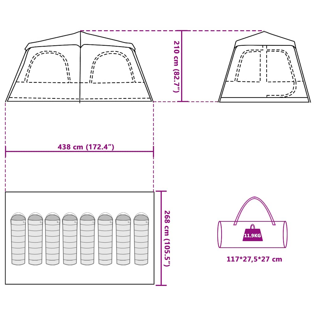Detail van de afmetingen en specificaties van de vidaXL 8-persoons koepeltent.