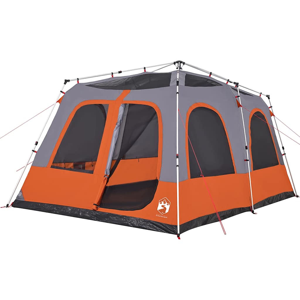 Detail van de vidaXL koepeltent met grijze en oranje kleur, zijaanzicht met ingangen en ramen.