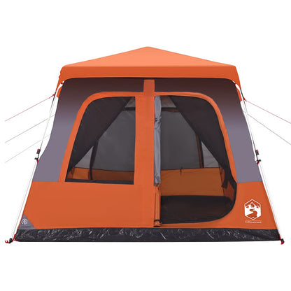 Detail van de grijze en oranje vidaXL koepeltent met grote ramen en snelontgrendelingssysteem.