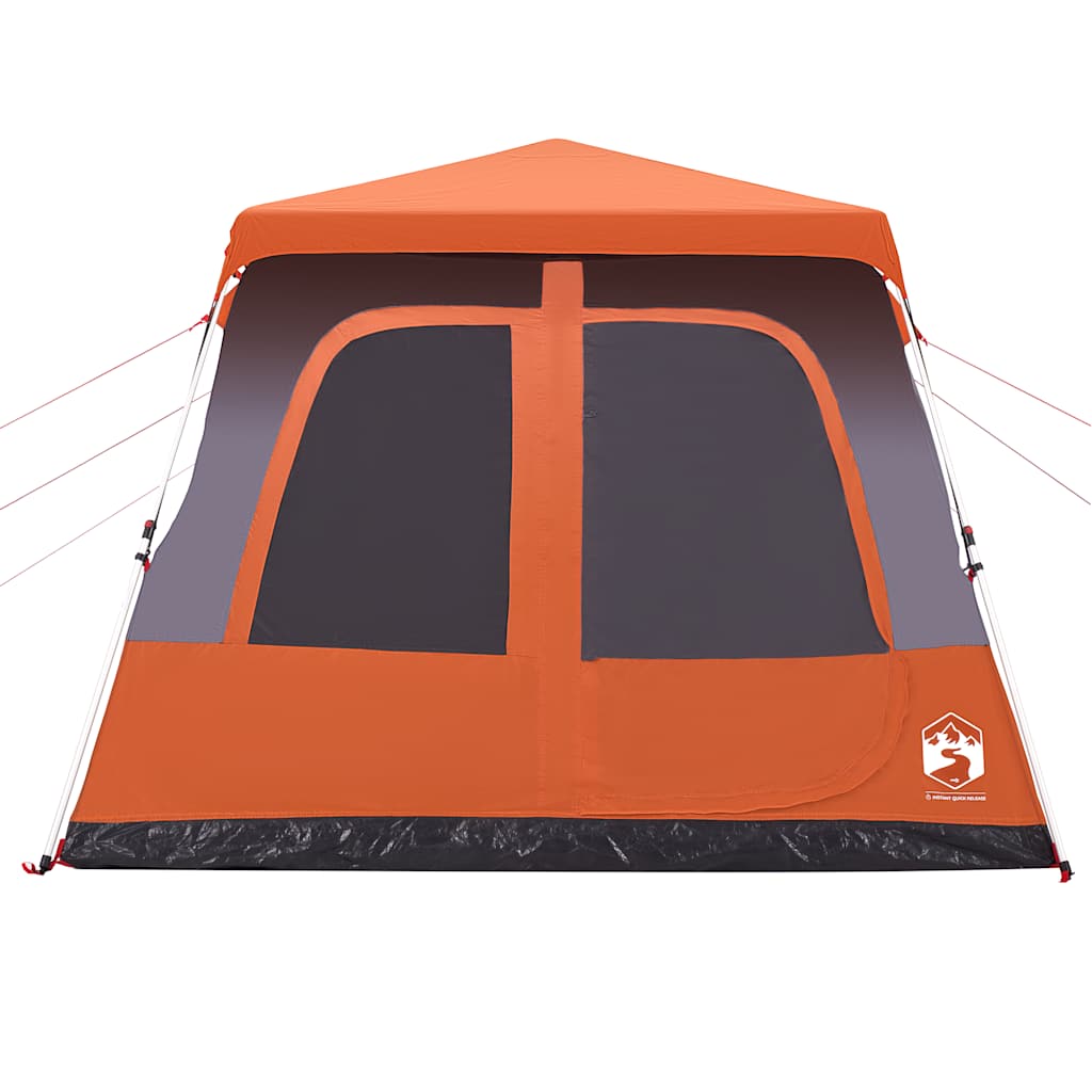 Detail van de grijs-oranje vidaXL koepeltent met snelontgrendelingssysteem en grote ingang.