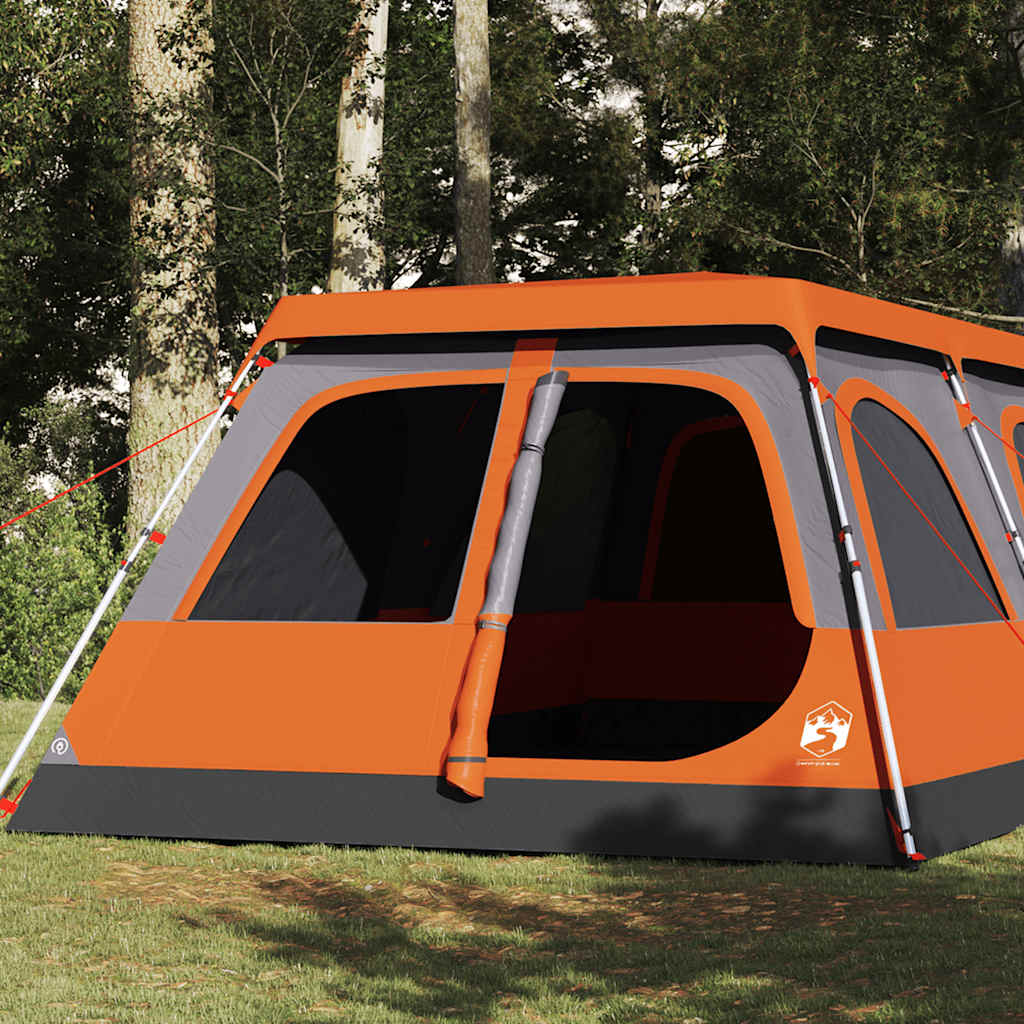 VidaXL koepeltent voor 8 personen in grijs en oranje, zijaanzicht met openingen.