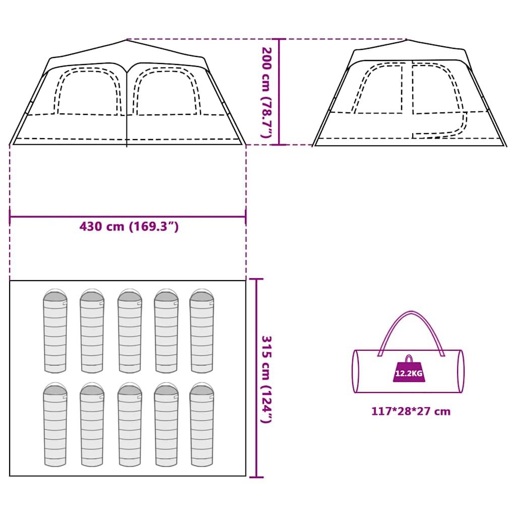 Detailtekening van de vidaXL koepeltent met afmetingen en indeling voor 10 personen.