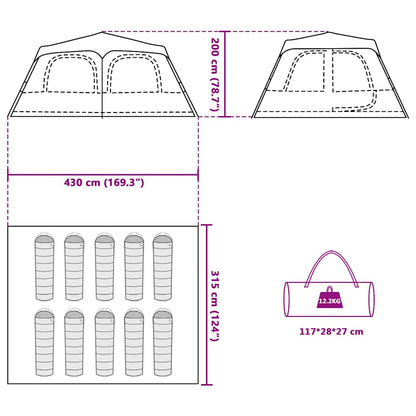 Detailtekening van de vidaXL koepeltent met afmetingen en indeling voor 10 personen.