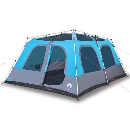 Zijaanzicht van de vidaXL koepeltent in blauw met grijze details en grote ramen.