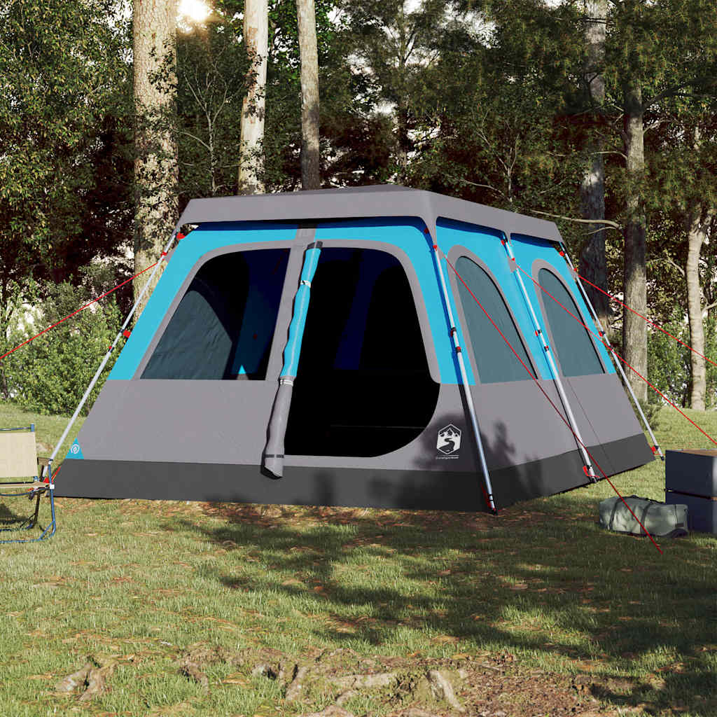 Zijaanzicht van de vidaXL koepeltent in blauw, met waterdichte en windbestendige eigenschappen.