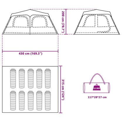 Detail van de afmetingen en draagtas van de vidaXL koepeltent voor 10 personen.