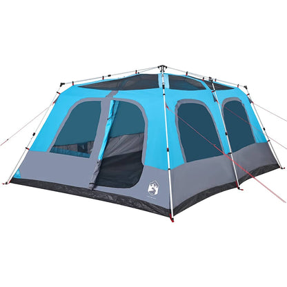 Zijaanzicht van de vidaXL koepeltent in blauw met grijze details en grote ramen.