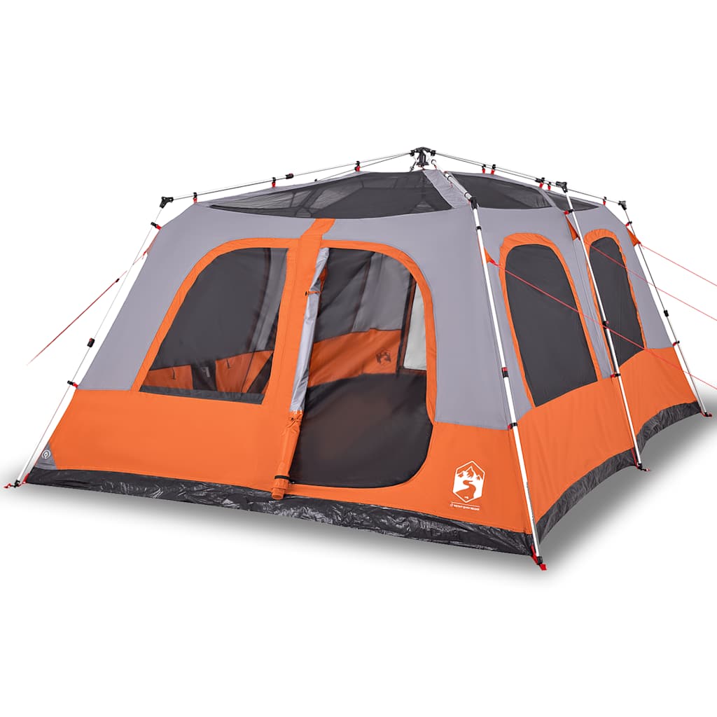 Detail van de vidaXL koepeltent met grijs en oranje kleur, zijaanzicht en grote ramen.