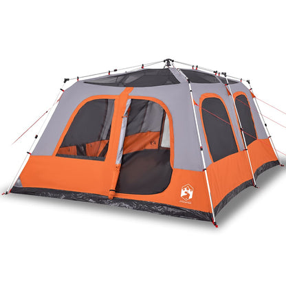 Detail van de vidaXL koepeltent met grijs en oranje kleur, zijaanzicht en grote ramen.