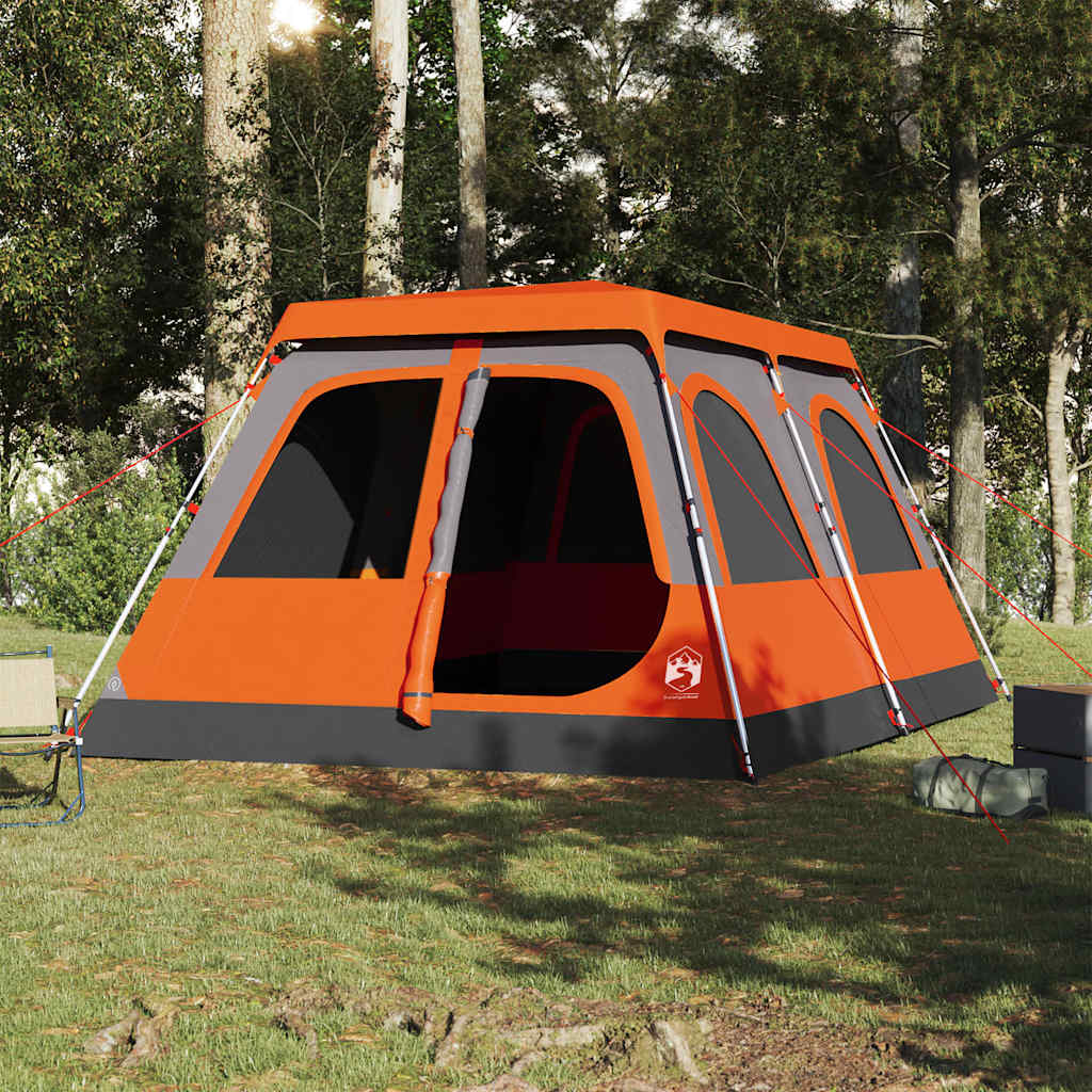 Detail van de vidaXL koepeltent in grijs en oranje, met open ingang en zijramen.