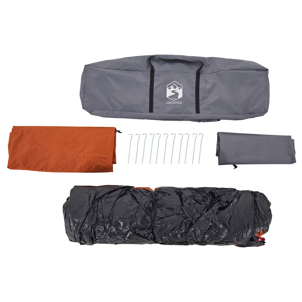 Detail van de grijze en oranje vidaXL koepeltent met accessoires en haringen.