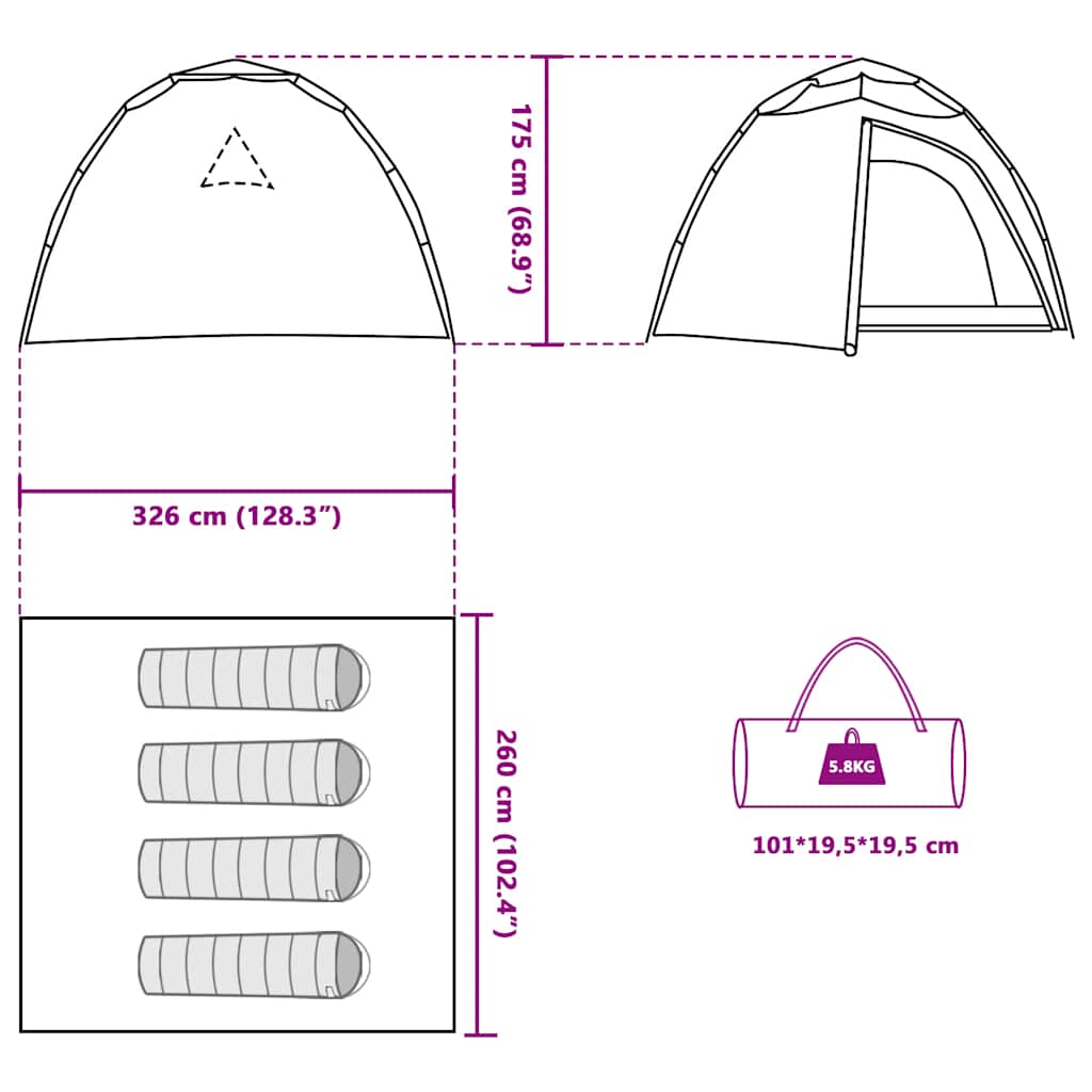 Detail van de afmetingen en specificaties van de vidaXL koepeltent 4-persoons in groen.
