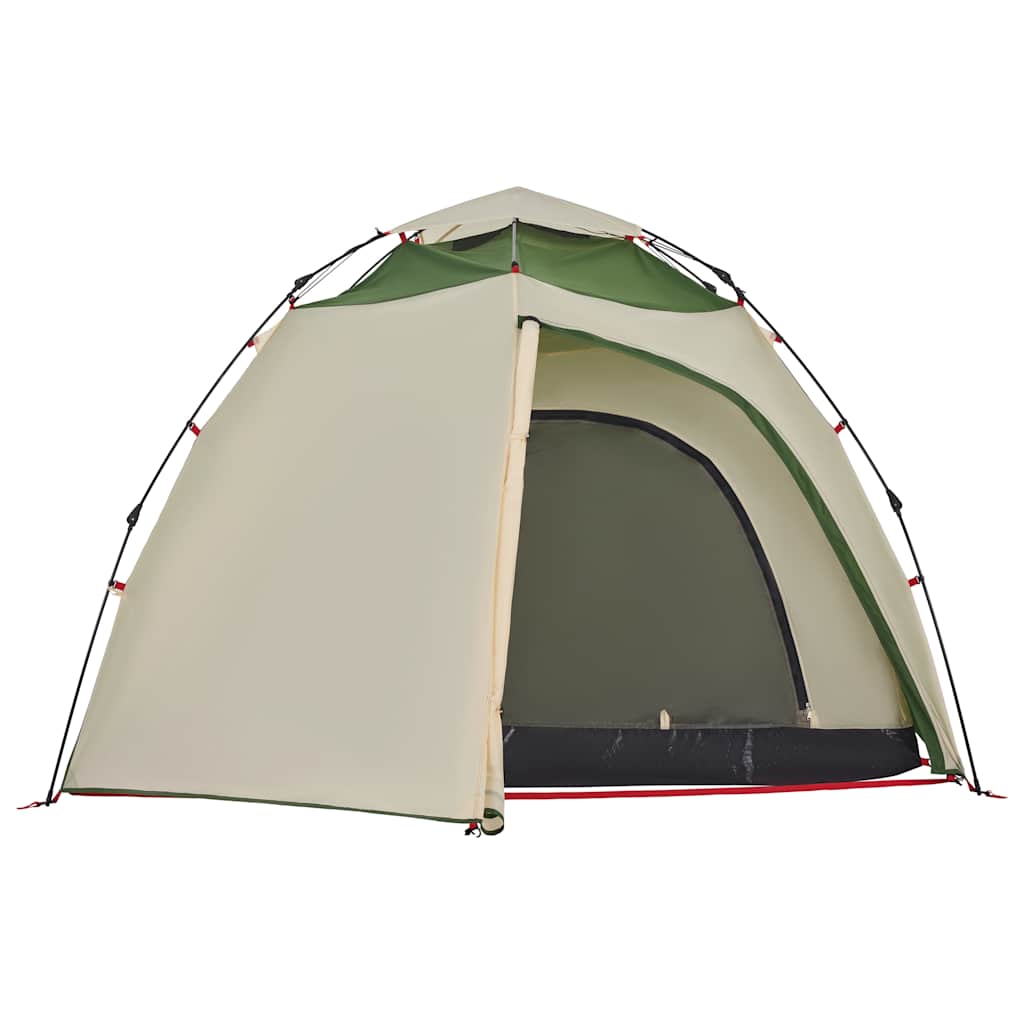 Detail van de vidaXL koepeltent met groen en beige kleur, zijaanzicht van de ingang.