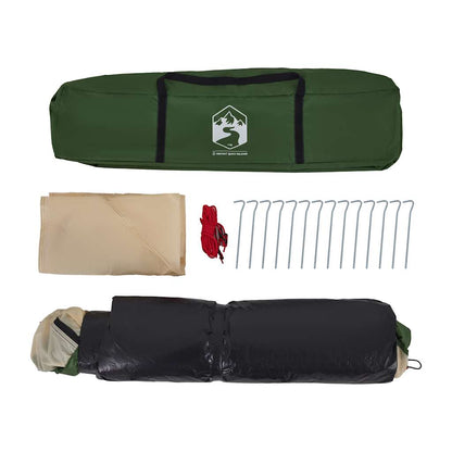 Detail van de groene vidaXL koepeltent met accessoires, waaronder haringen en een draagtas.