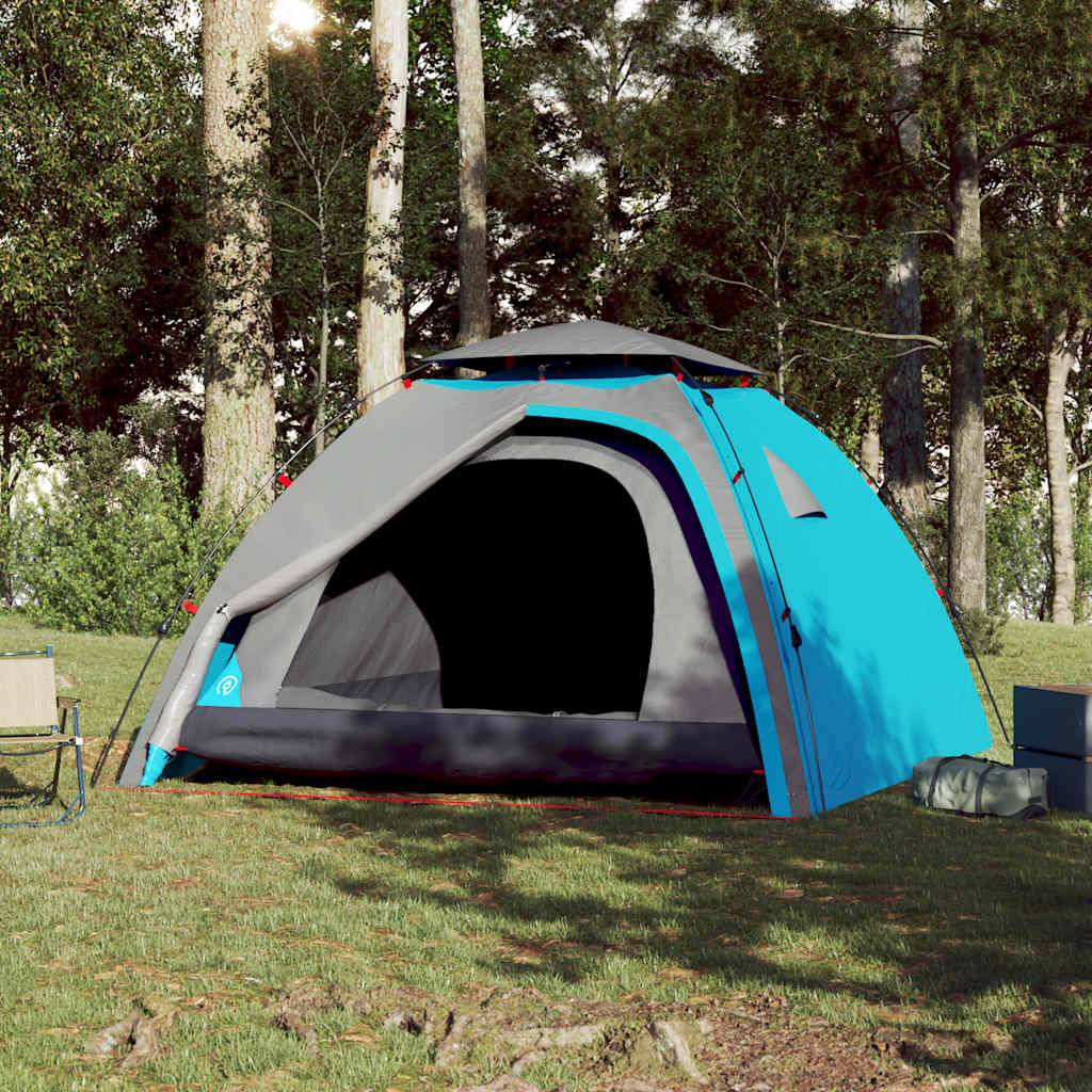 Detail van de vidaXL koepeltent in blauw met open ingang en grijze luifel.