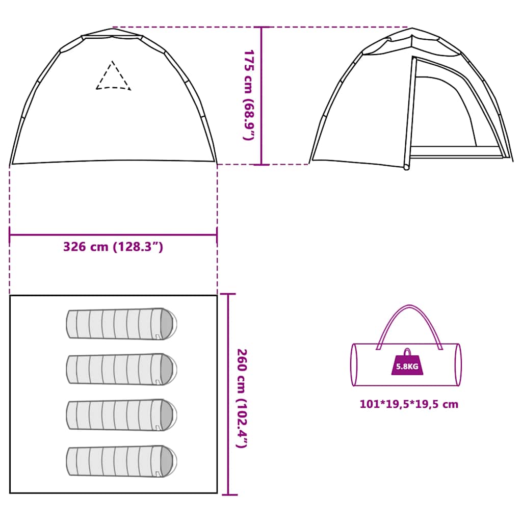 Detail van de afmetingen en specificaties van de vidaXL koepeltent voor 4 personen.