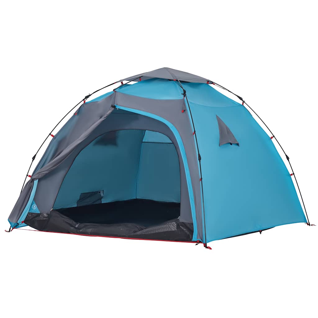 Detail van de vidaXL koepeltent in blauw met open deur en grijze binnentent.