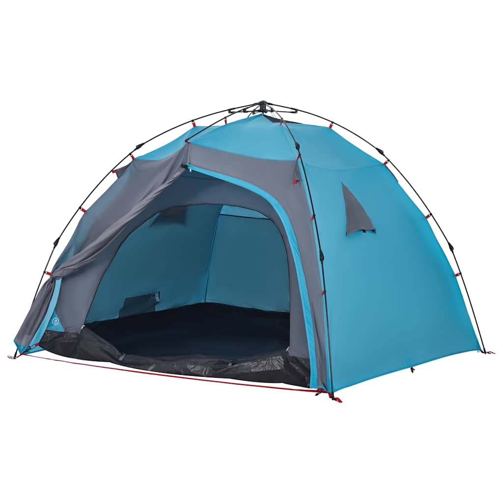 Detail van de vidaXL koepeltent in blauw met open ingang en grijze zijwanden.