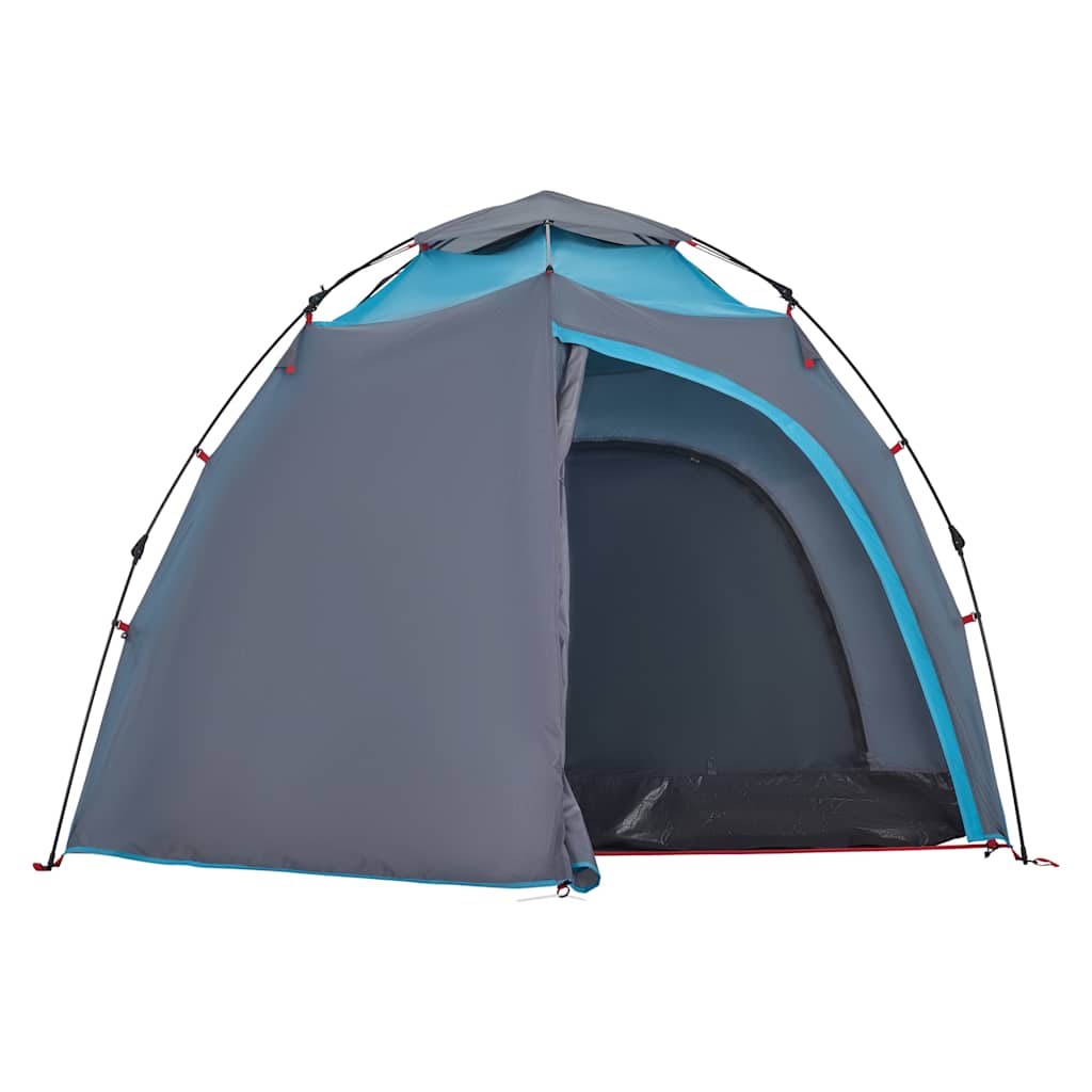 Zijaanzicht van de vidaXL koepeltent met snelontgrendeling in blauw en grijs.