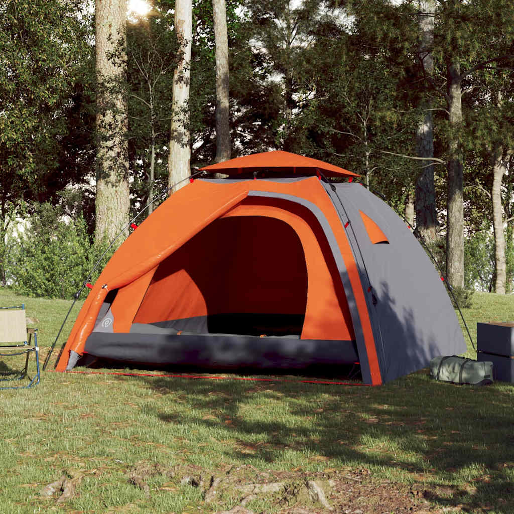 Detail van de vidaXL koepeltent in grijs en oranje, zijaanzicht met open ingang.