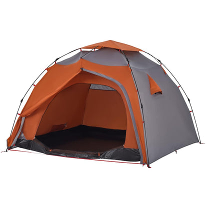Detail van de vidaXL koepeltent met grijs en oranje kleur, zijaanzicht van de ingang.