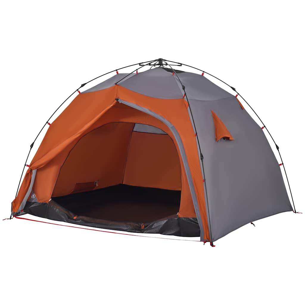 Zijaanzicht van de vidaXL koepeltent in grijs en oranje met open ingang.