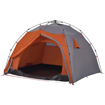 Zijaanzicht van de vidaXL koepeltent in grijs en oranje met open ingang.