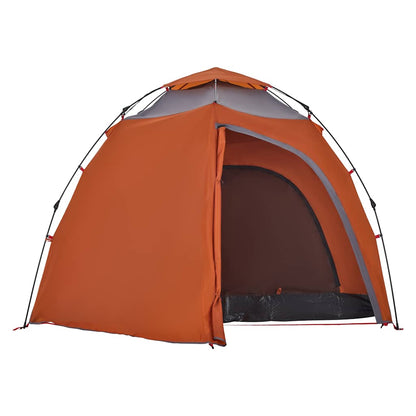Detail van de vidaXL koepeltent in oranje met grijze accenten, zijaanzicht van de ingang.