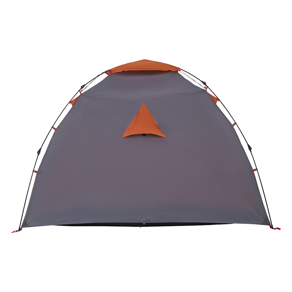 Detail van de grijze vidaXL koepeltent met oranje top en ventilatieopening.