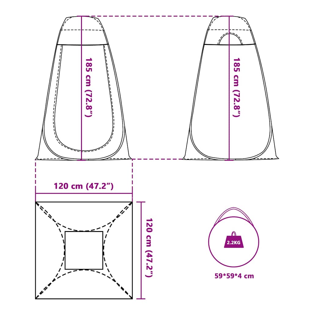 Detailtekening van de vidaXL Privacytent met afmetingen en draagtas.