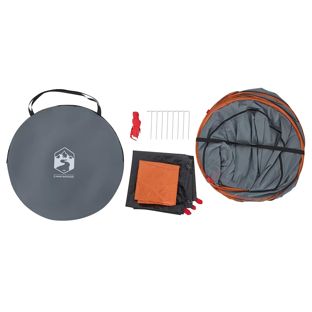 Detail van de vidaXL privacytent in grijs en oranje, inclusief draagtas en accessoires.